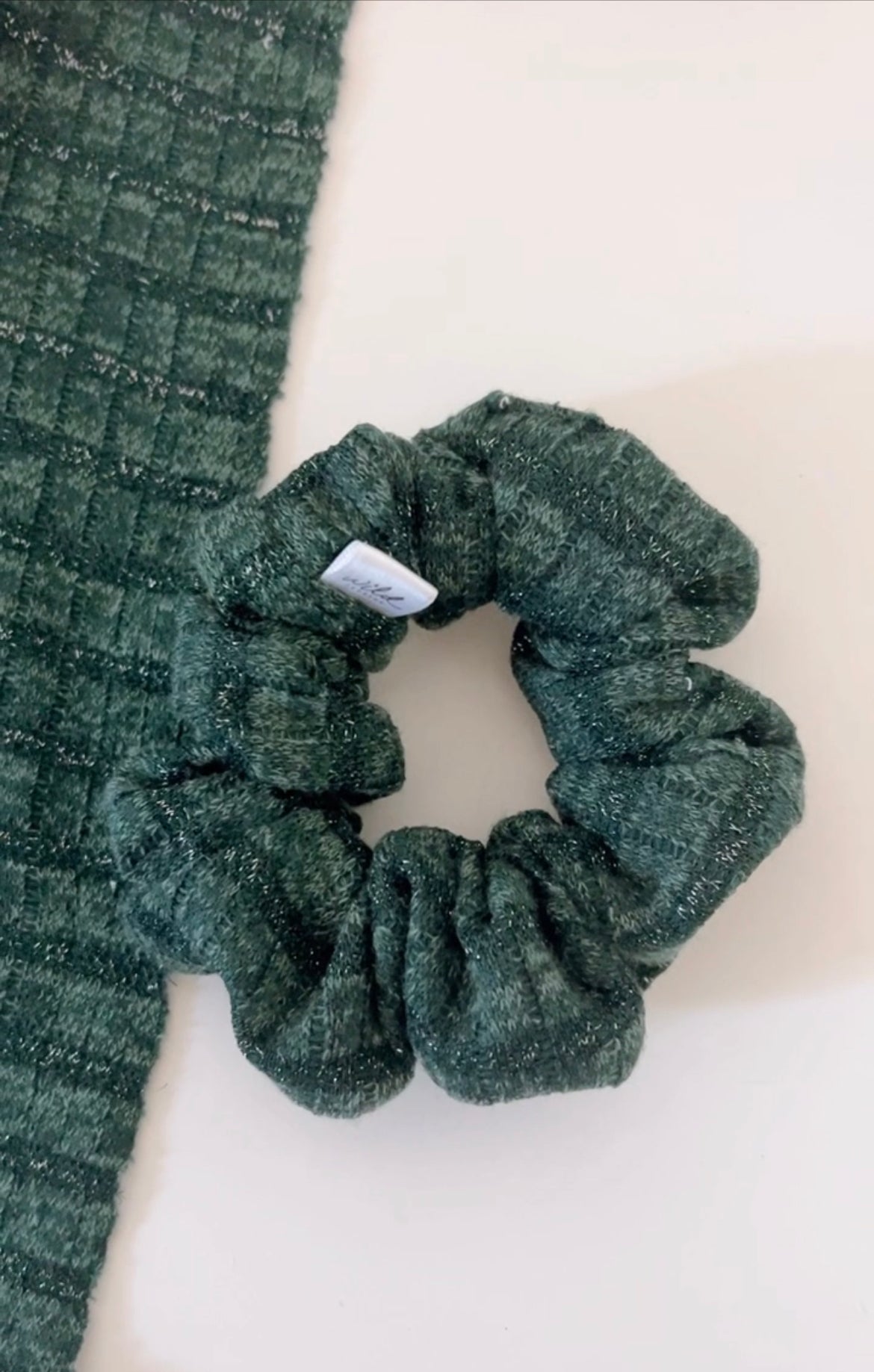 spruce green sparkle knit holiday hair scrunchie