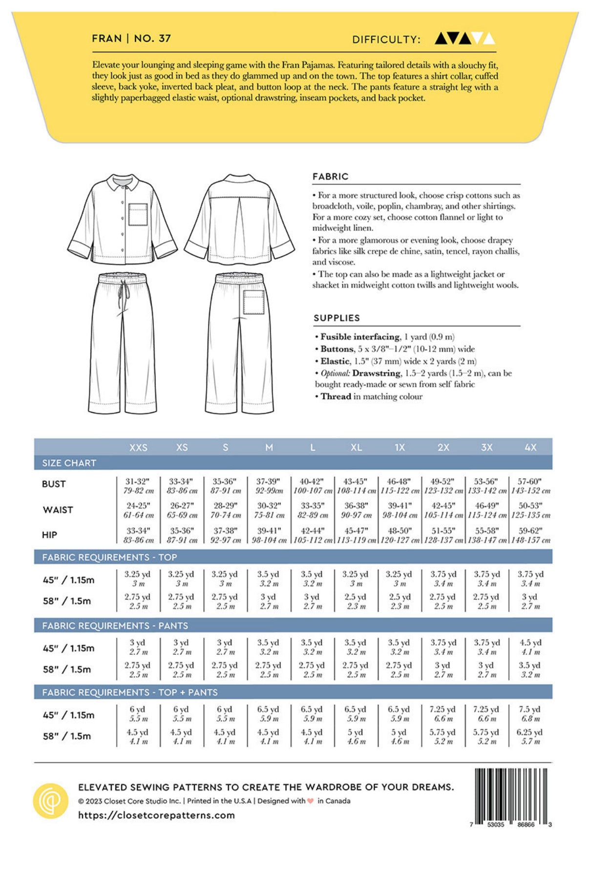 Fran Pajamas Paper Pattern by Closet Core