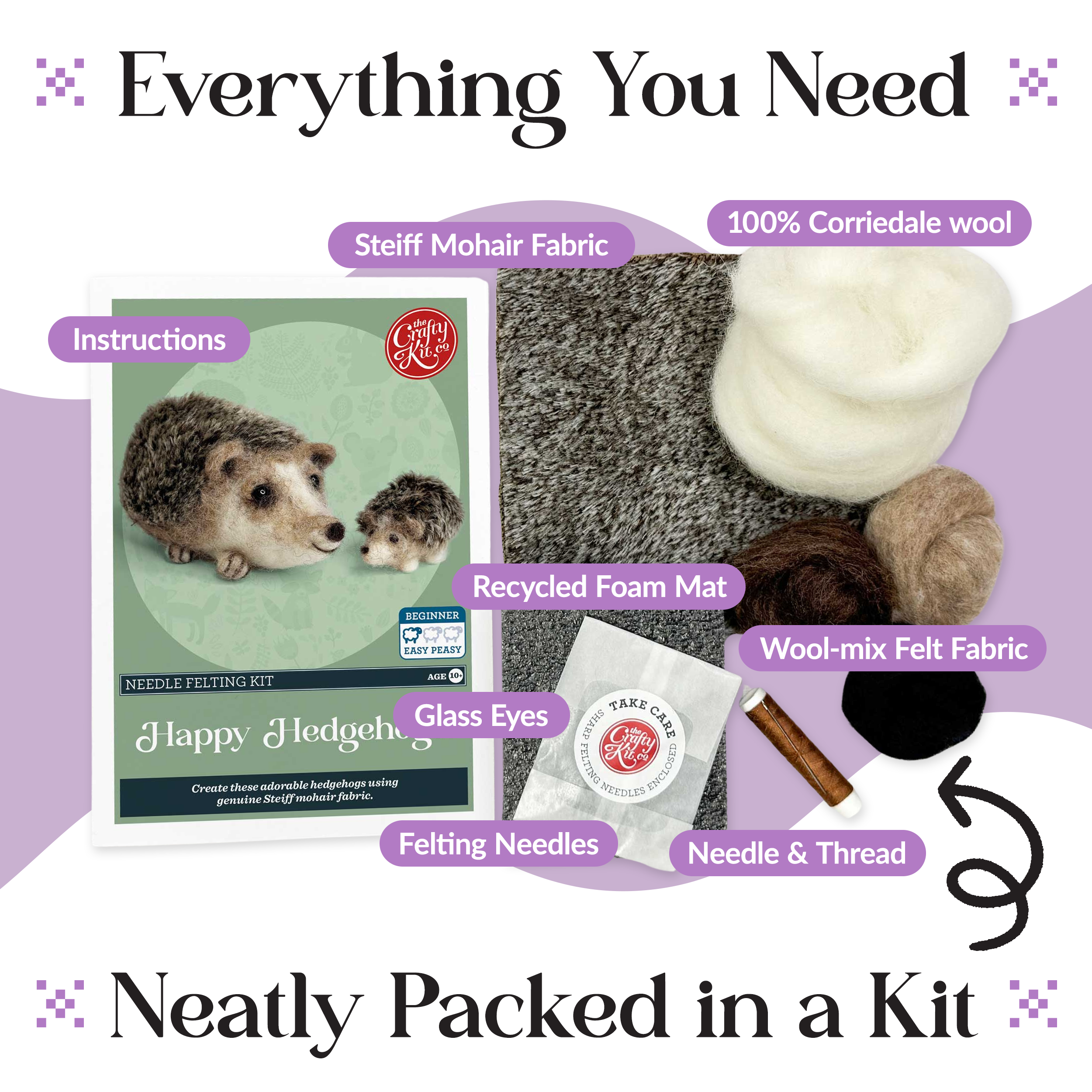 The Crafty Kit Company - Happy Hedgehogs Needle Felting Craft Kit