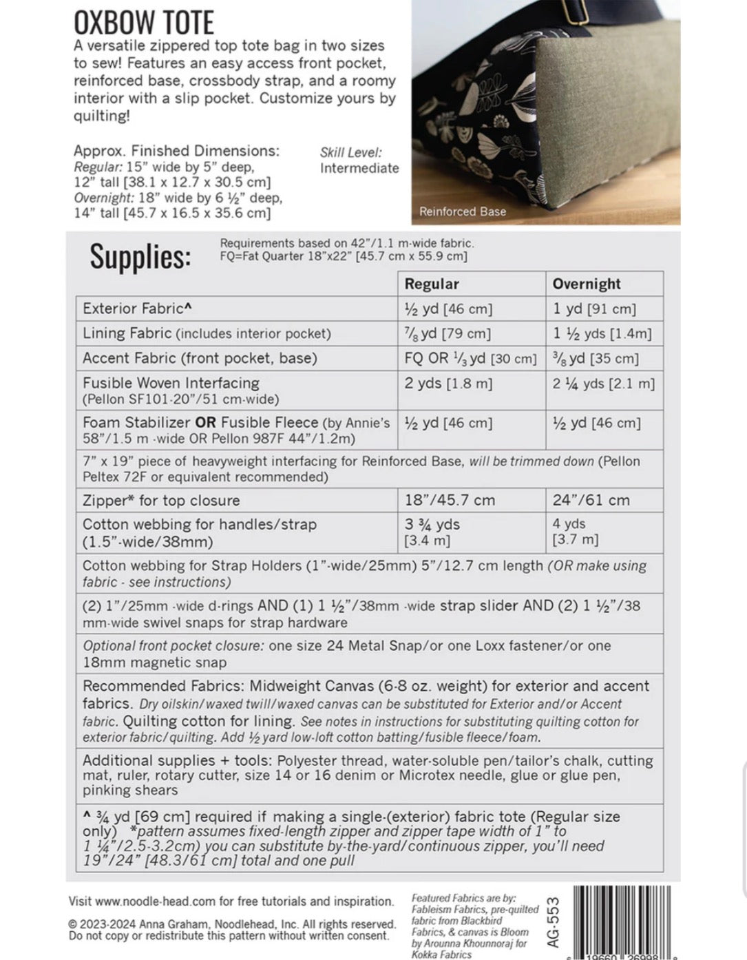 Oxbow Tote Noodlehead Bag Pattern