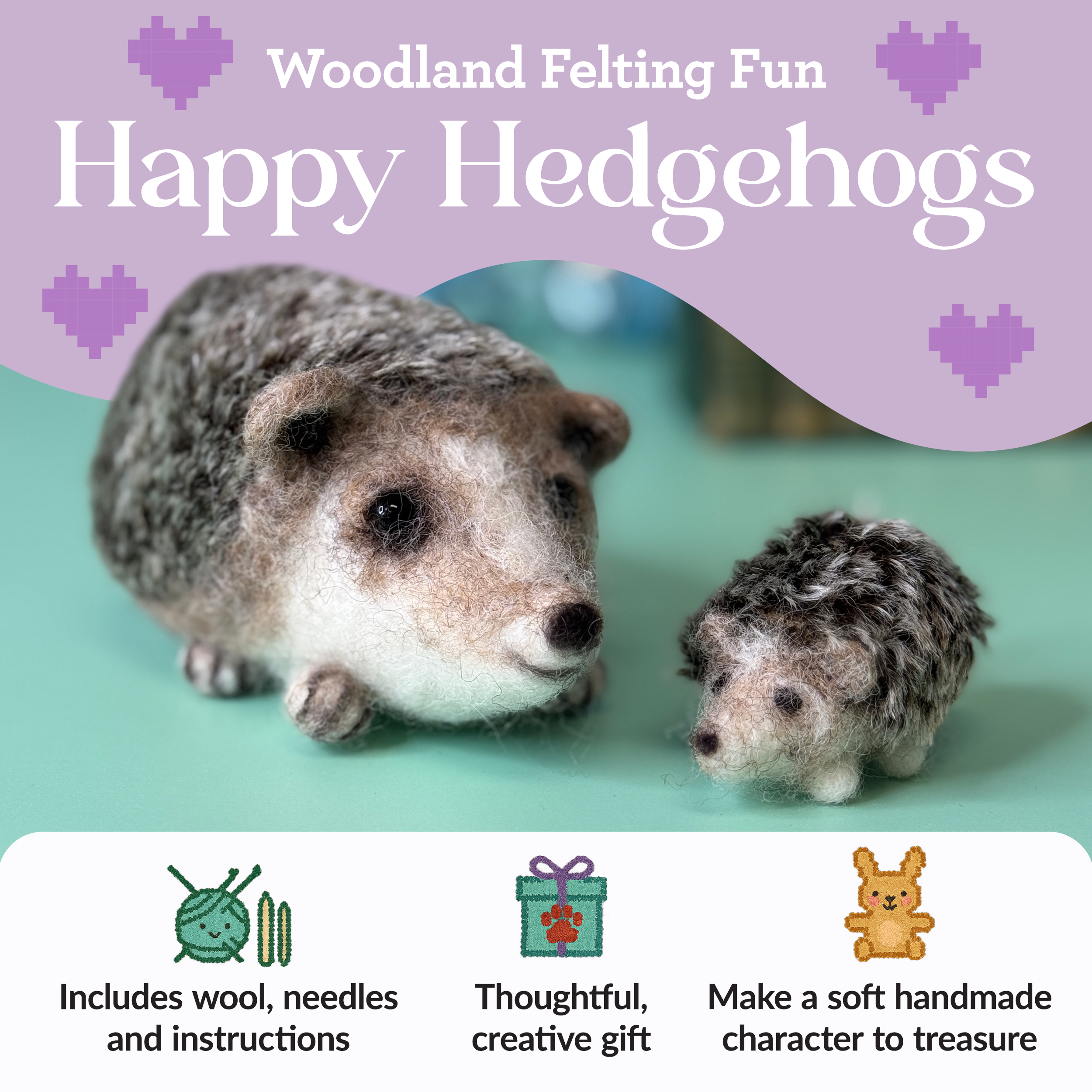 The Crafty Kit Company - Happy Hedgehogs Needle Felting Craft Kit